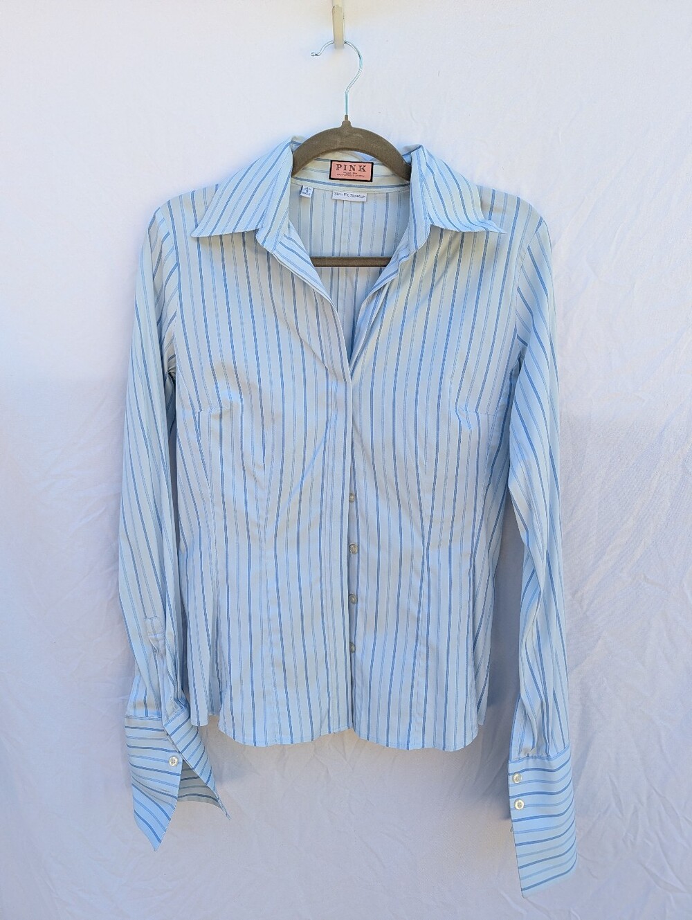 Vintage Pink Thomas Pink Striped Slim Fit Stretch Long Sleeve Button Down Shirt